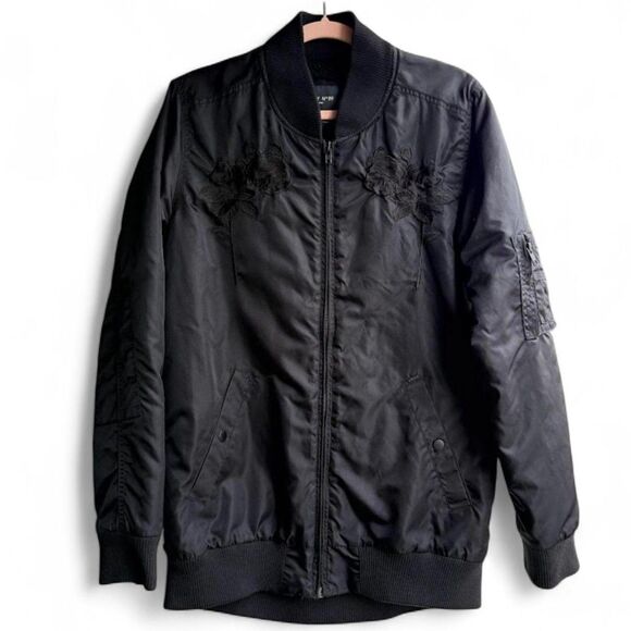 Obey Rose Embroidery Fleece-Lined Longline Black Bomber Jacket size M - Picture 2 of 12